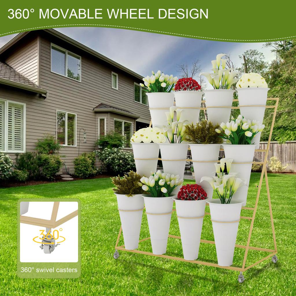Flower Display Stand 3 Layers Metal Plant Stand with Wheels and Foot Brake 12pcs Tapered Plastic White Flower Pots