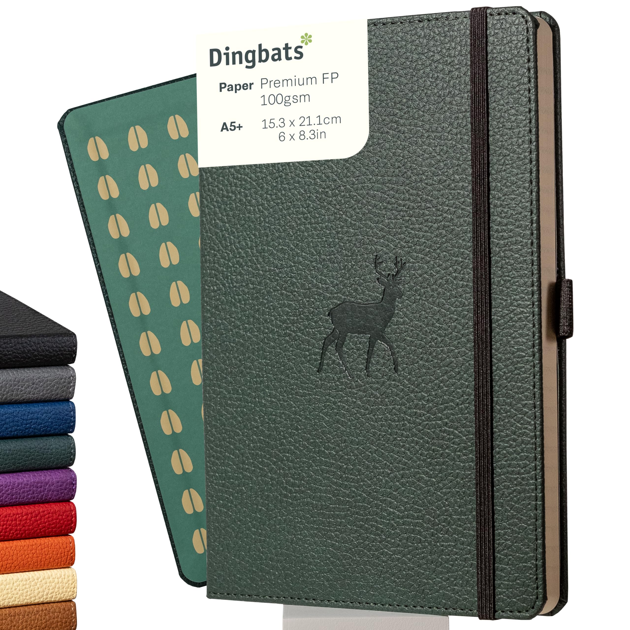 

Dingbats - Wildlife Lined Medium Notebook, Green Deer, A5+ - Hardcover - Cream 100gsm Ink-Resistant Paper - Includes Pocket, Bookband & Bookmark