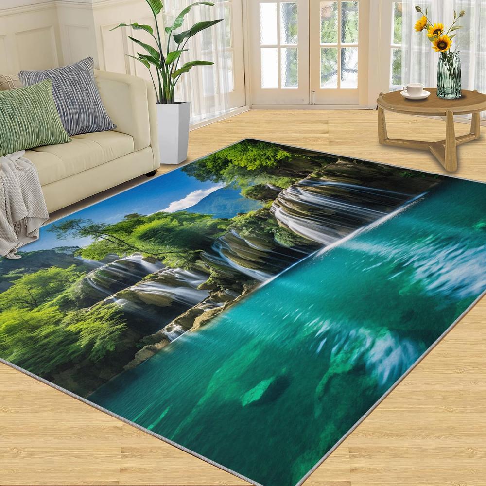 Waterfall Forest Landscape Print Area Rug Flannel Washable Floor Mat for Living Room Bedroom Entryway Nature Themed Home Decor