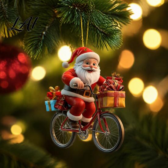 Christmas Atmosphere Decor 2Pcs Santa Riding Bicycle Acrylic Hanging Ornament Car Holiday Decorations Interior Rearview Mirror Charm Backpack