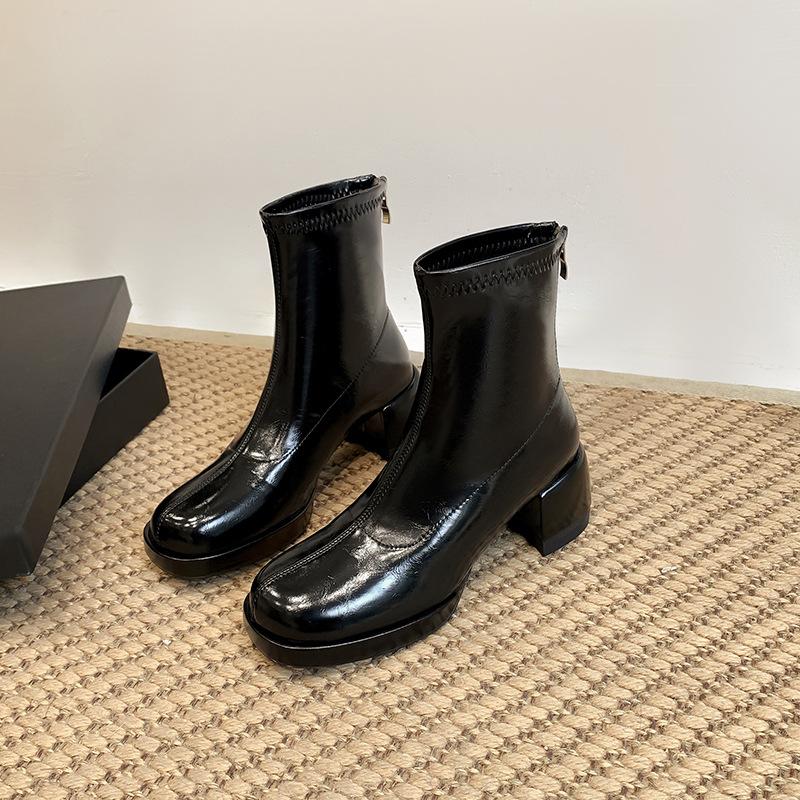 Waterproof Table High-heeled Short Boots Women's Autumn and Winter Thin Boots Thick Heel Zipper Elastic Beige Martin Boots