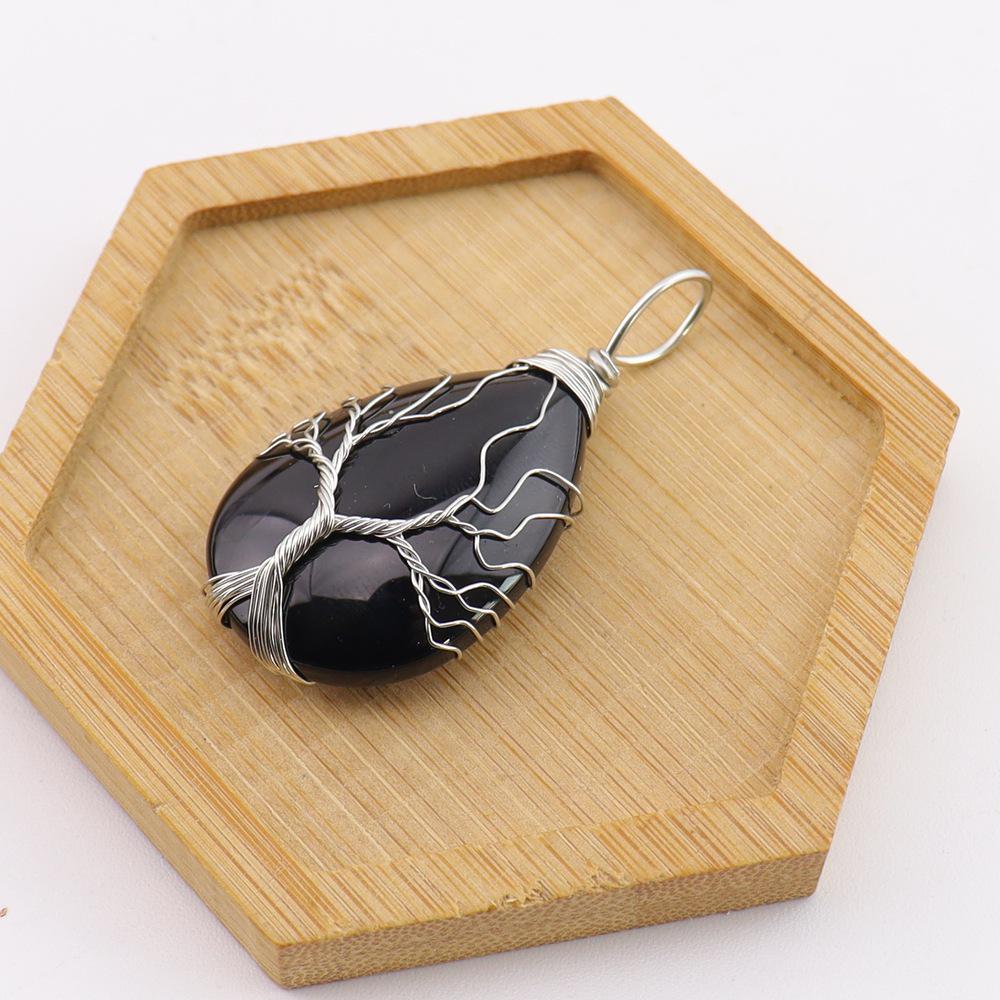 Natural Stone Agate Water Drop Tree of Life Pendant Necklace