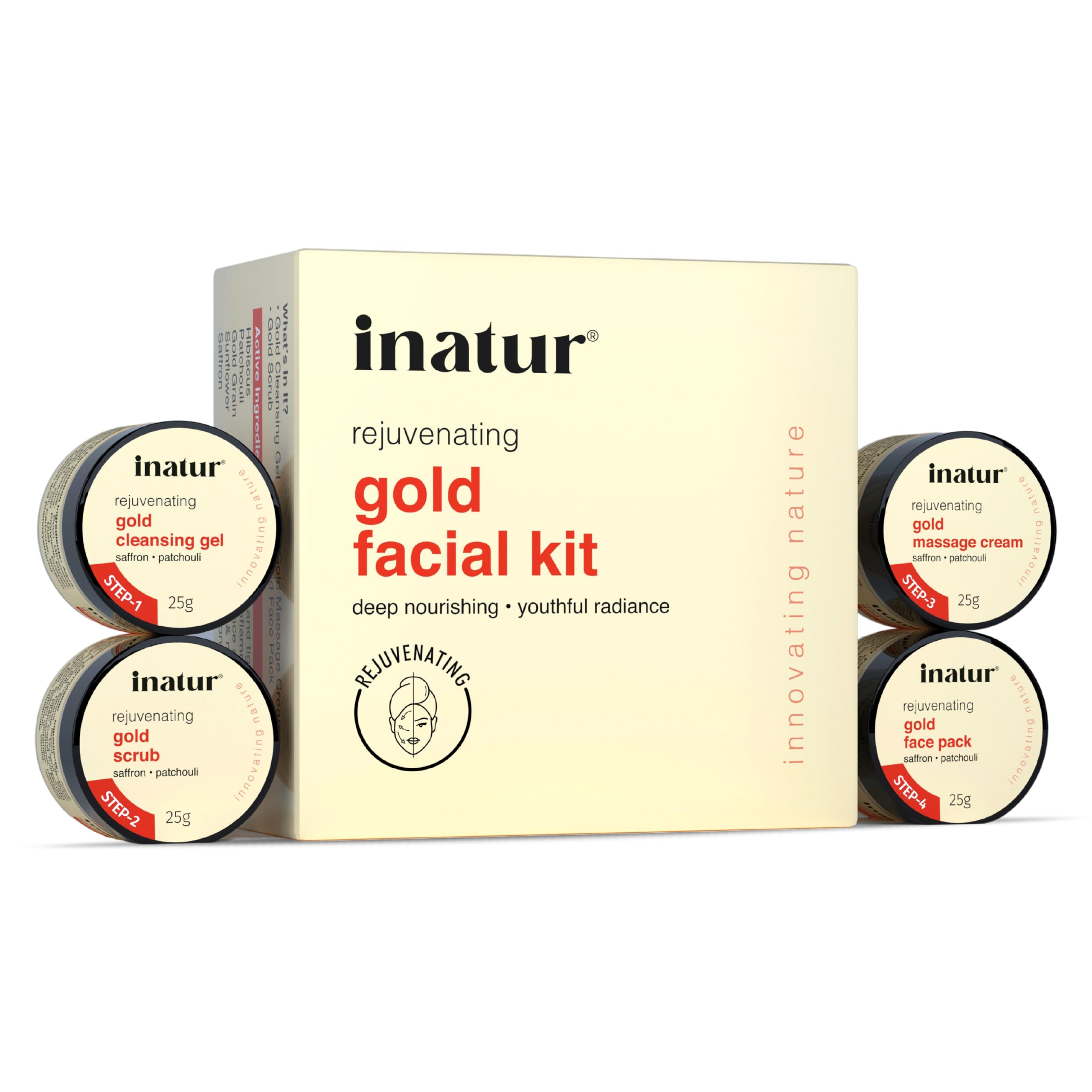 

inatur Gold Facial Kit | 4 Steps for Skin Rejuvenating Deep Nourishing Anti-aging Radiance | Natural & Vegan | With Saffron, Hibiscus, Patchouli