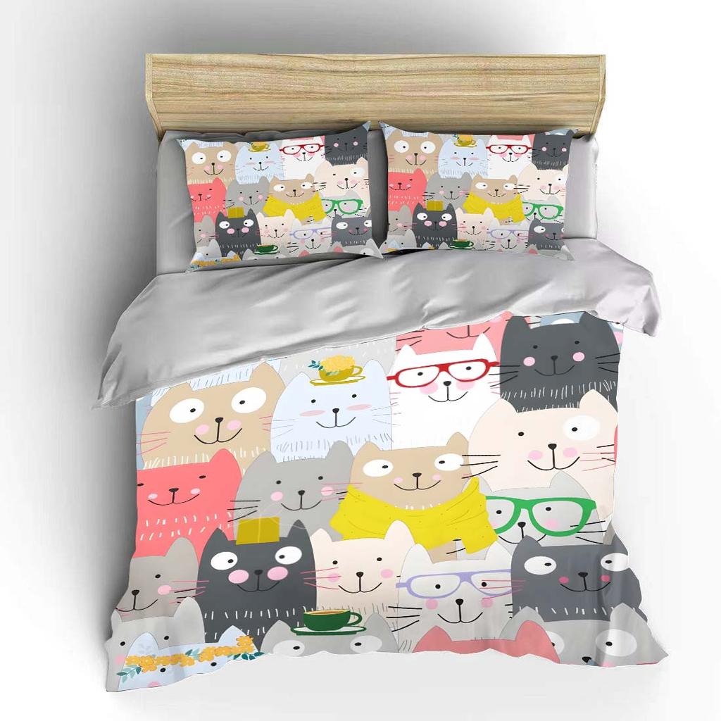 Cute Cats Group Colorful Decor Print Bedding Set 1 Duvet Cover 2 Pillowcases For Adult And Children Luxury Gift Full Size