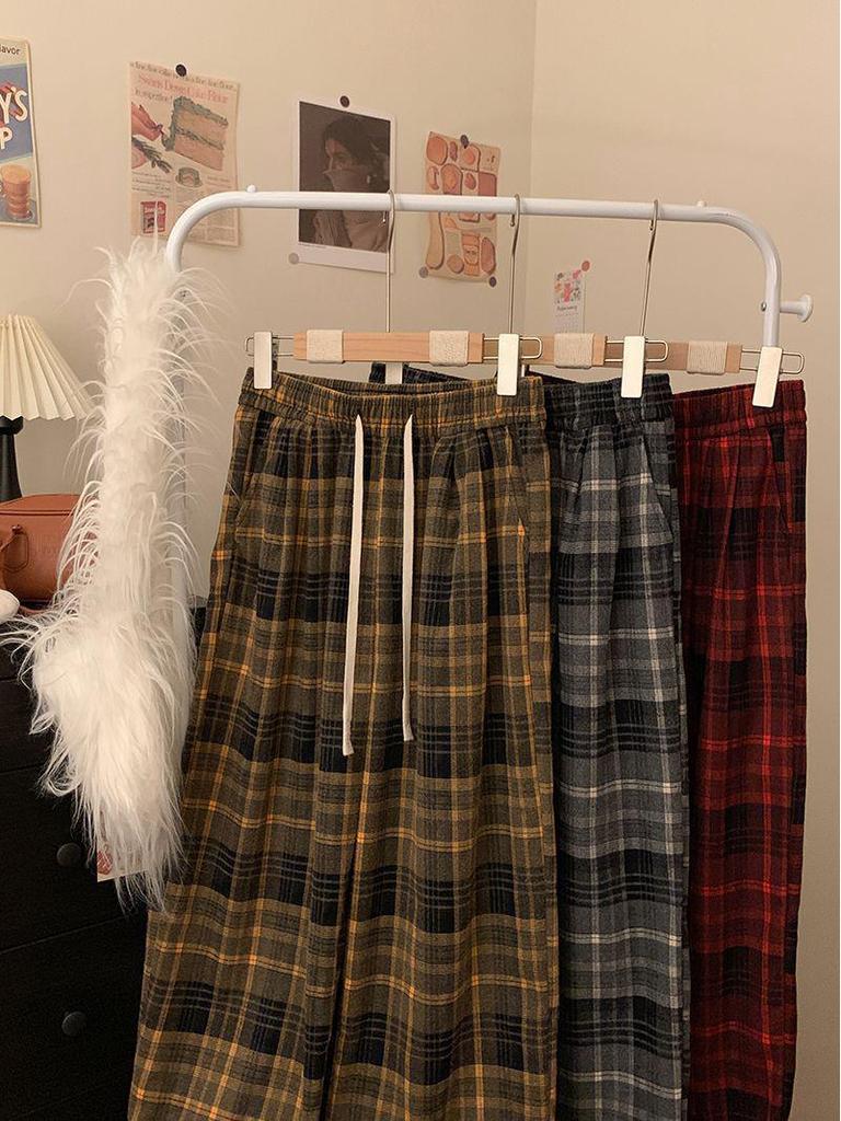Women's Korean Style High Waist Plaid Wide Leg Pants - Retro, Loose, and Slimming for Spring & Autumn