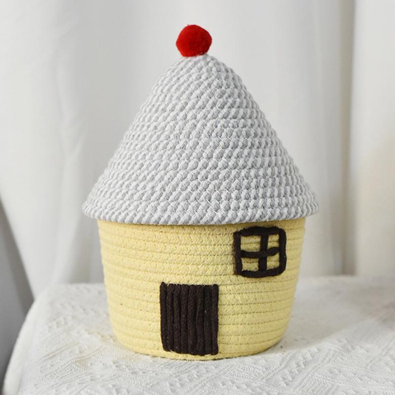 Cartoon Hausform Baumwollseil Gewebter Aufbewahrungskorb mit Deckel Großes Fassungsvermögen Niedlich Schlafzimmer Aufbewahrung Spielzeugkörbe Staubdichte Aufbewahrungen