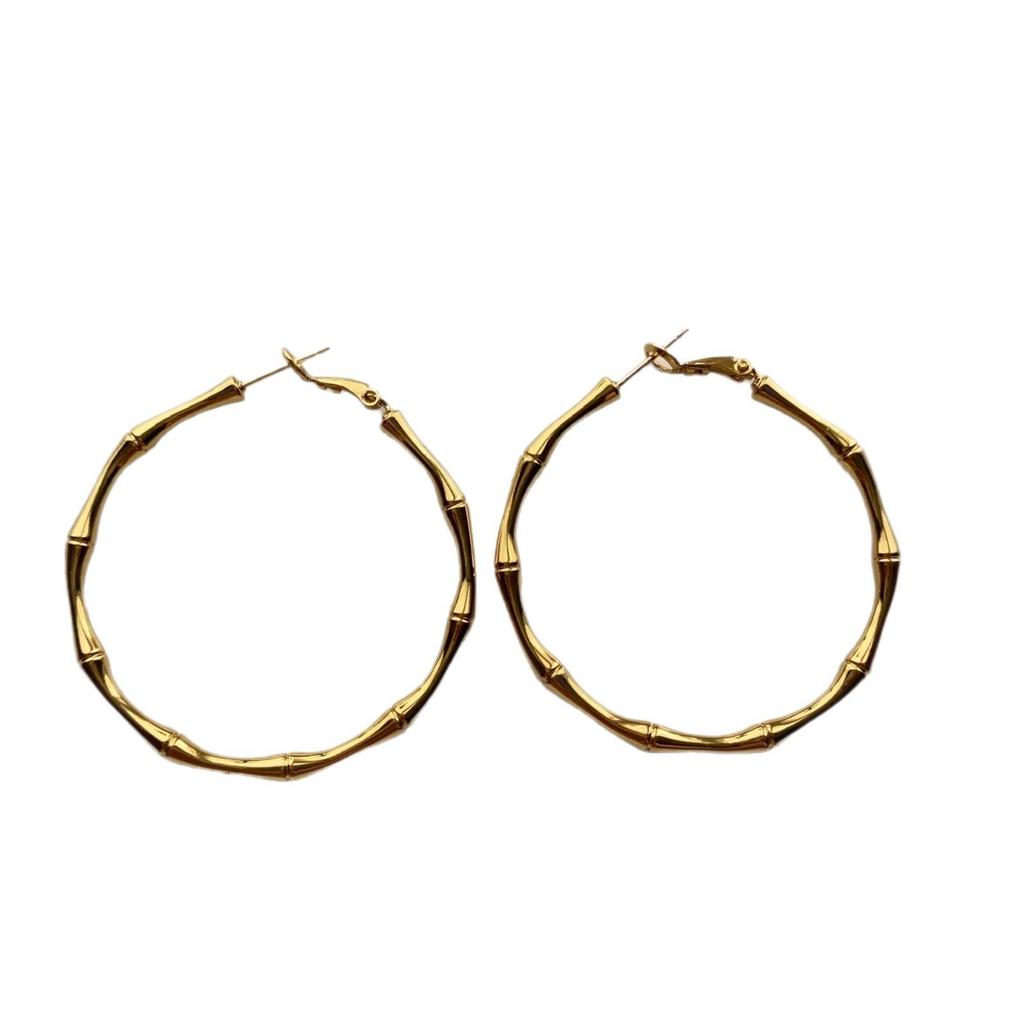 Golden Ring Bamboo Outline Ear Buckle Earrings, Personalized High-Grade Metal Temperament, Natural Fine Retro Light Luxury