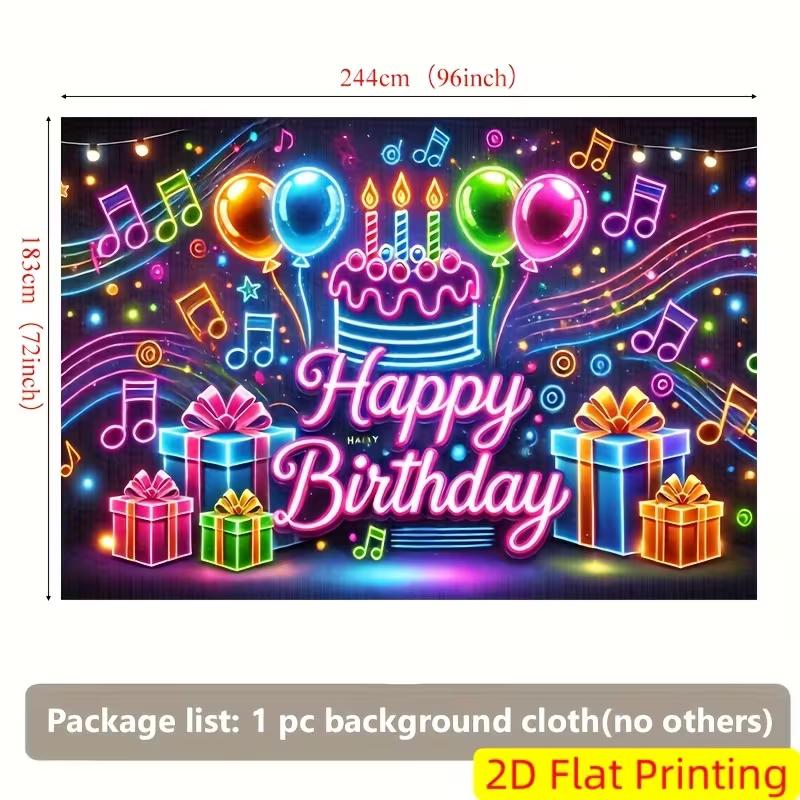 2D Neon Lights Happy Birthday Backdrop for Glow Themed Party Photo Booth