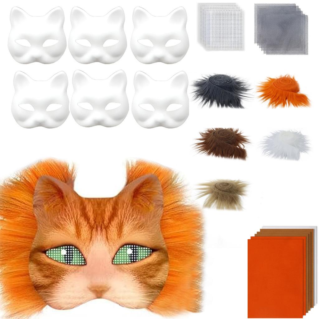 Lustiges Therianer Masken-Set Katzen Füchse Maske mit Fellen Augennetzen DIY Pelzige Tiermaske zum Bemalen für Halloween Cosplay Party