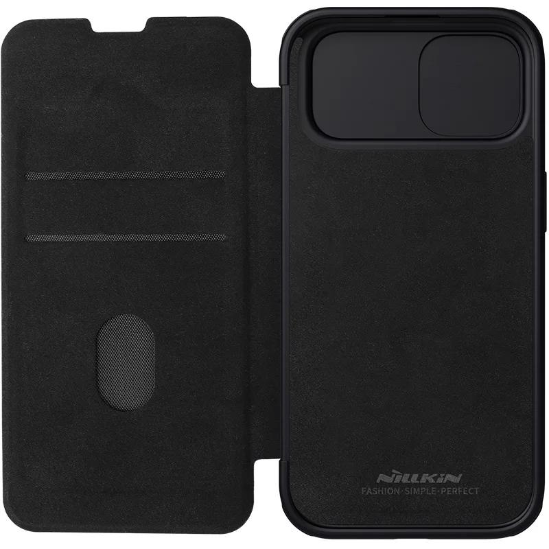 

Nillkin QIN Pro Чехол из простой кожи и ткани для iPhone 15 Plus, откидной, противоударный, с защитой камеры-слайдером и держателем для карт For iPhone 15 Plus чёрный