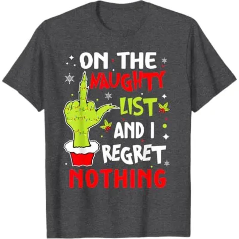 Cotton Tops Funny on The List of Naughty and I Regret Nothing Christmas T-Shirt Humorous Santa Claus Xmas Costume Letters Printed Saying Tee