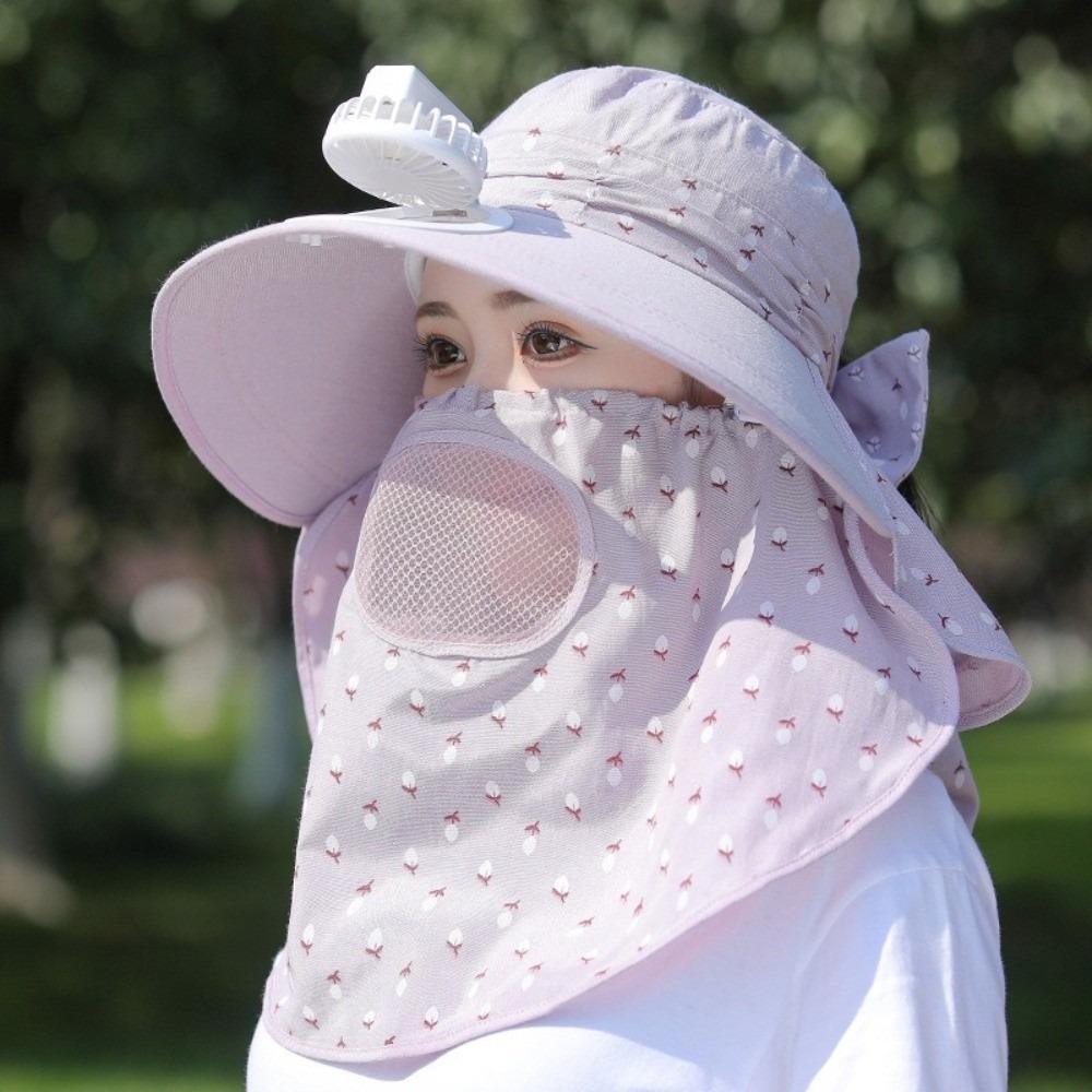 Windproof Tea Picking Hat Full Face Cover Women Sun Hat Electric Fan Bucket Hat  Mountaineering
