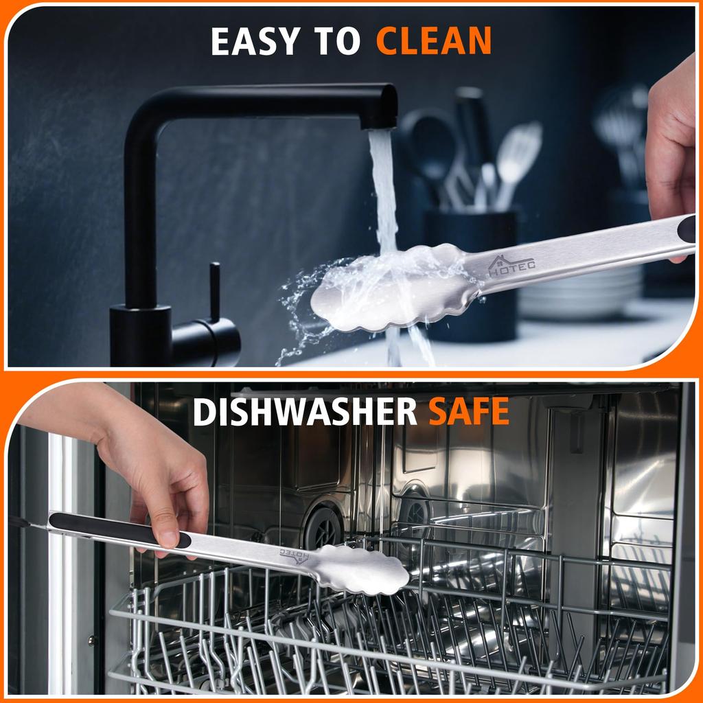 Clești de bucătărie Hotec din oțel inoxidabil, Set de 2, pentru grătar și BBQ, rezistenți la căldură, cu suport de blocare pentru depozitare ușoară