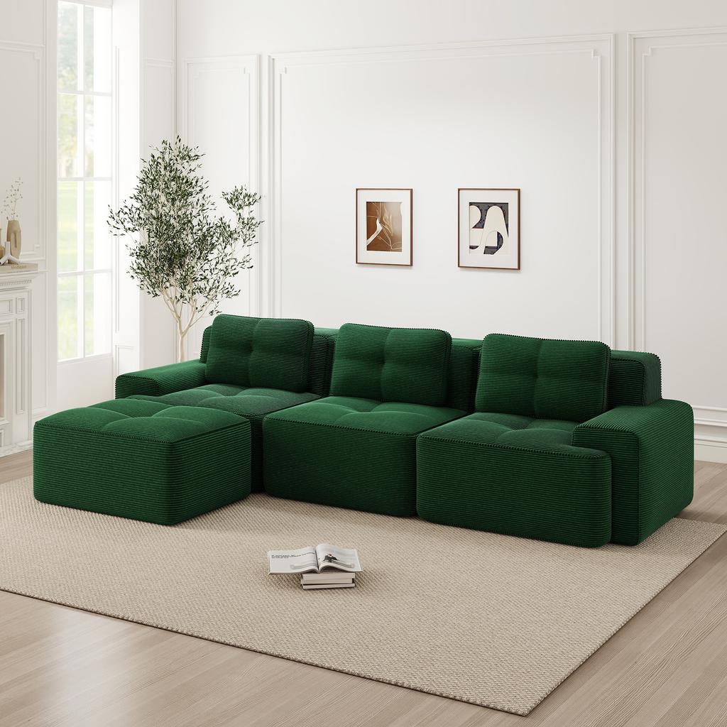 Cloud Modular Sofa Boneless L-Shaped Sofa, Modular Sofa with Ottoman, 3-Seater Corduroy Cloud Sofa for Living Room, Assembly-Free Sofa, Green