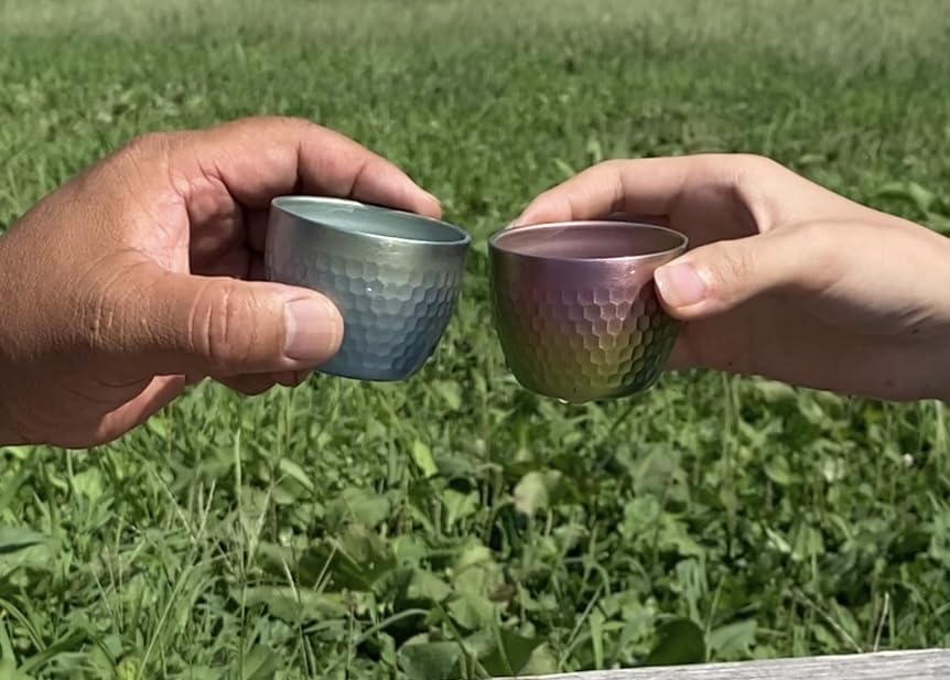 Titanium Hammered Sake Cup Titanium Anodized Coloring Sakura Pink (Double Walled)