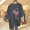Tricou supradimensionat roz cu imprimeu lună, croială largă, pentru femei, top de vară casual, din bumbac respirabil