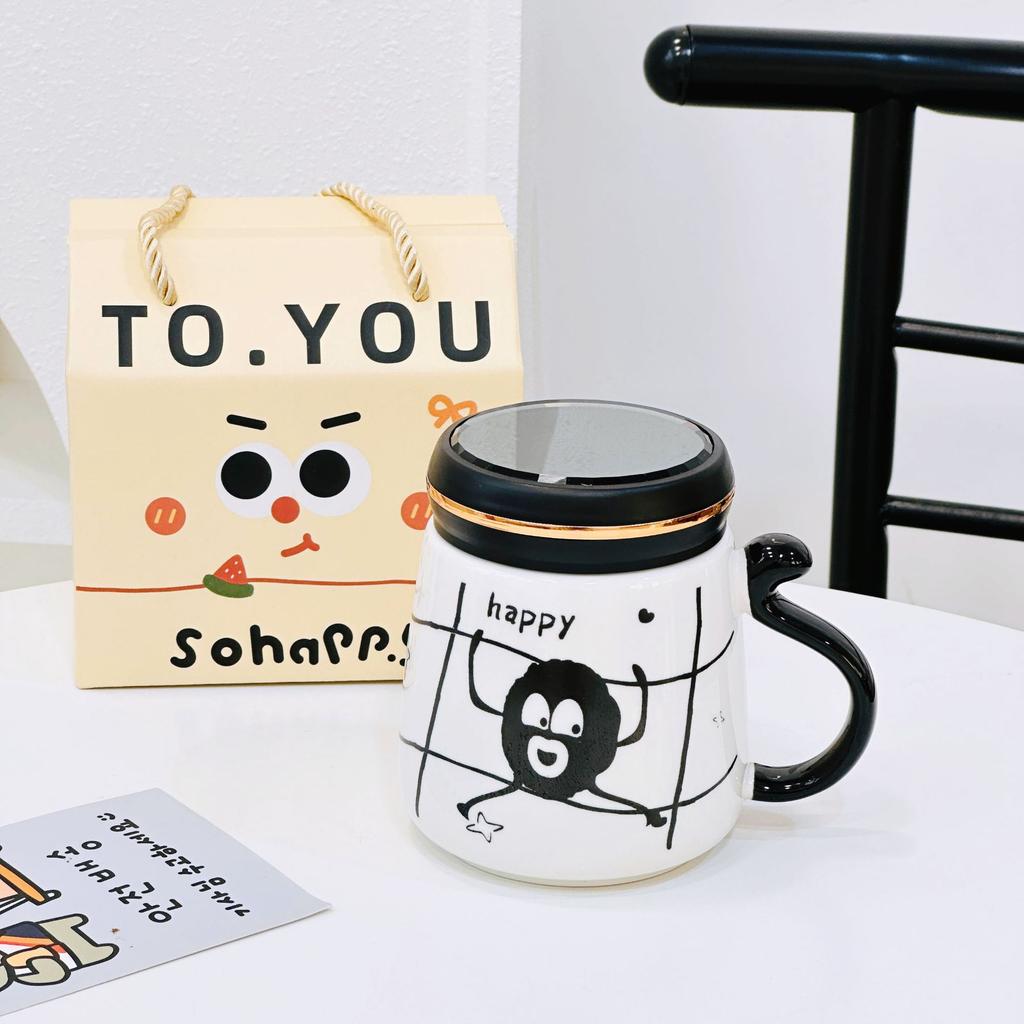 Personalized Mirror Cup with Lid Cartoon Monster Ceramic Mug Dustproof Gift Box Water Cup Home Set Office