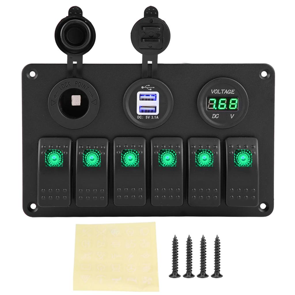 Rocker Switch Panel 24V 6 Gang Car Boat Marine LED Rocker Switch Panel Dual USB Voltmeter Cigarette Lighter (Green)