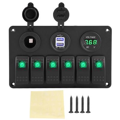 Panneau d'interrupteurs à bascule 24V 6 positions Voiture Bateau Marine LED Panneau d'interrupteurs à bascule Double USB Voltmètre Allume-cigare (vert)