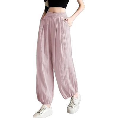 Women Pants Wide Elastic Waistband Anti-Wrinkle Fabric Loose Fit Harem Trousers with Pockets Pure