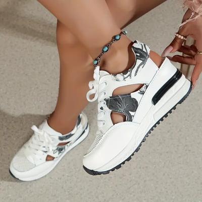 Women's Wedge Sandals Leaf Embroidered Mesh Sports Sandals Lace Up Thick Soled Comfort Casual Sneakers