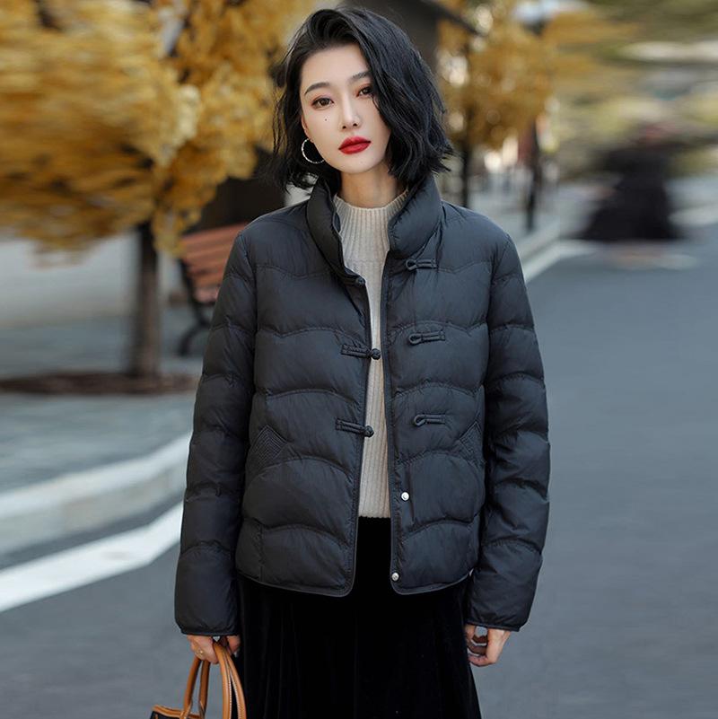 Ethnic style white duck down jacket women's short 2024 winter stand-up collar buckle retro casual warm jacket tide
