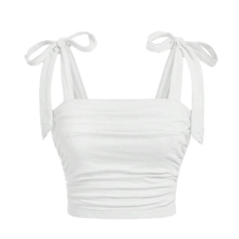 Camisola de mujer con cuello cuadrado sin mangas y tiras de corbata, corte ajustado, estilo callejero, top corto fruncido