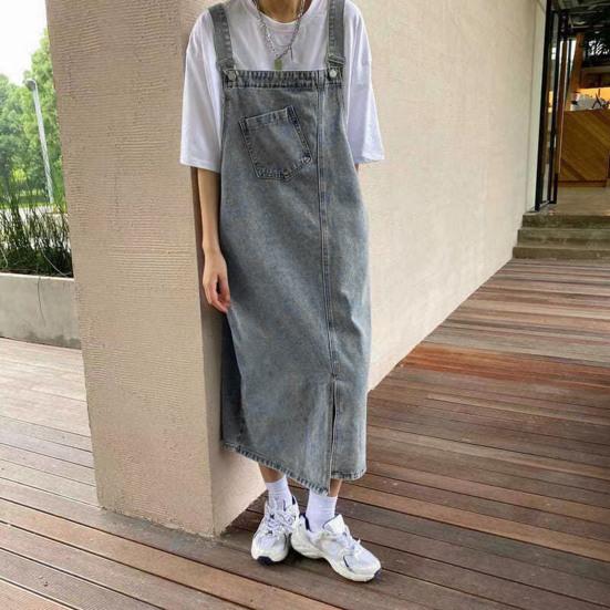 Robe en jean à bretelles sans col, ample, dos nu, sans manches, poches latérales, ourlet fendu, couleur unie, bandoulière réglable, robe mi-longue pour étudiante