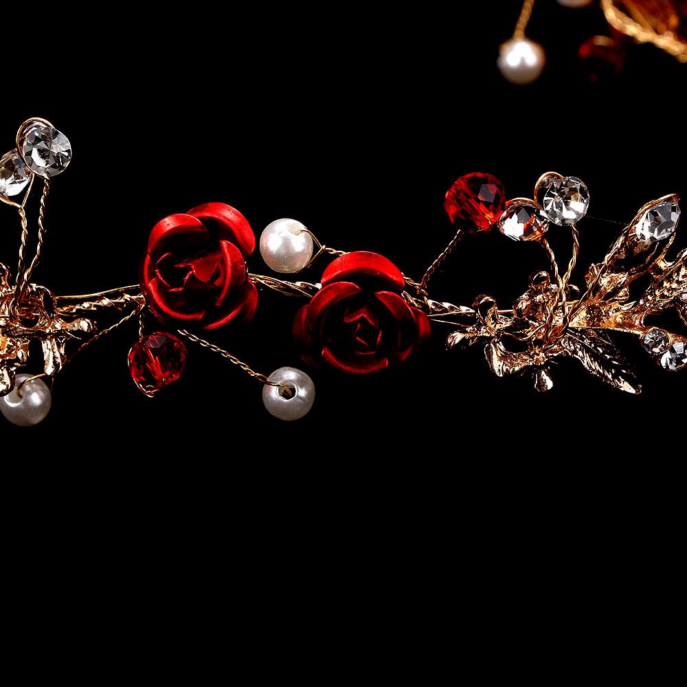 Rose Flower Crown Bridesmaid Headband With Ribbon Bride Hairband Earring Set Red Crystal Pearl