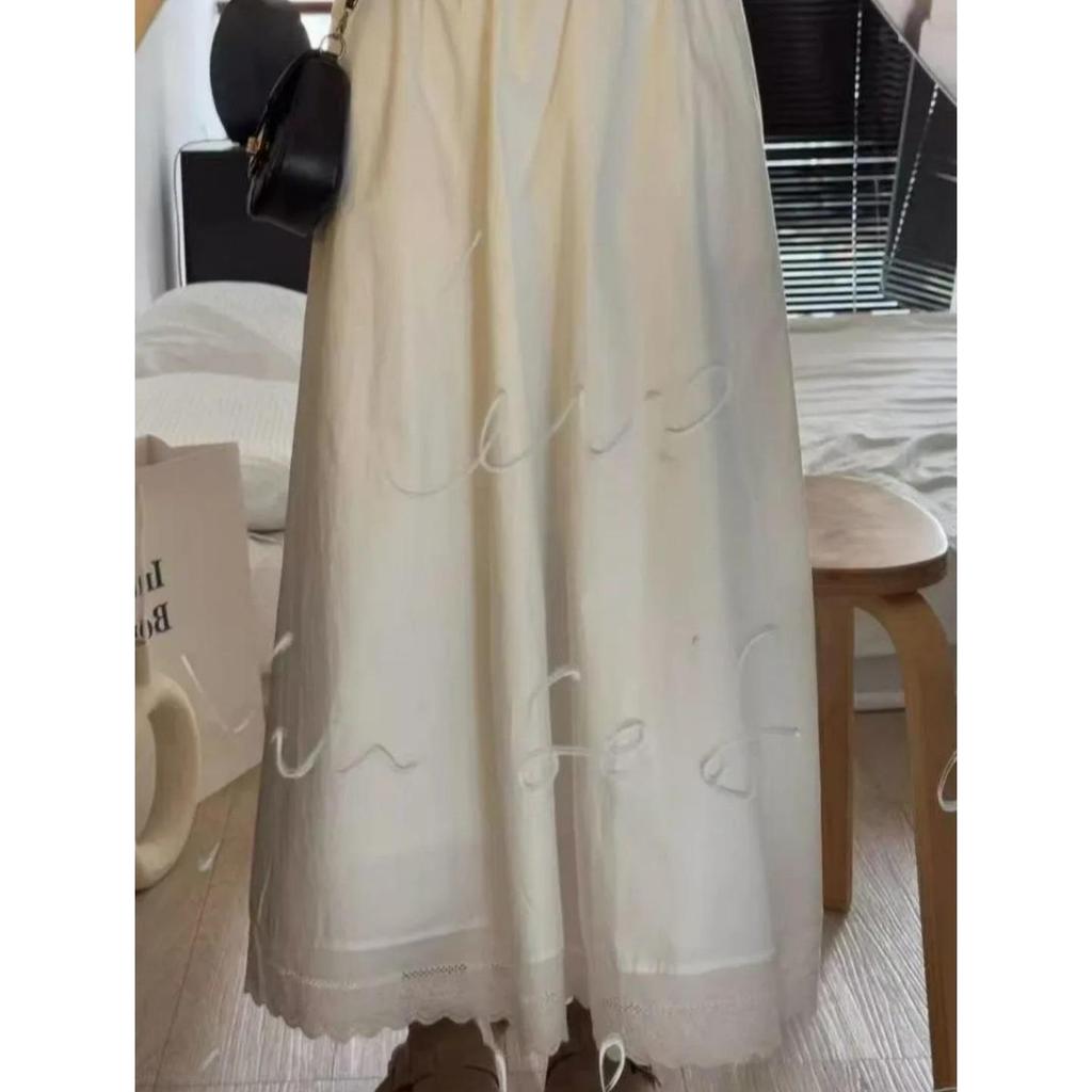 2026 New Arrival: High-End Korean Style White Lace Trim Midi Skirt for Petite Women - A-Line Umbrella Design