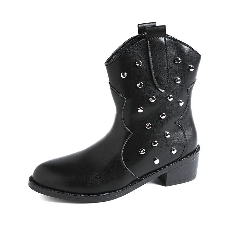 

мода Женская обувь 2024 Модные рукава Женские ботинки Осень Круглый носок Клепки Однотонные Короткий ствол Массивный каблук Большой размер Ковбойские ботинки 43