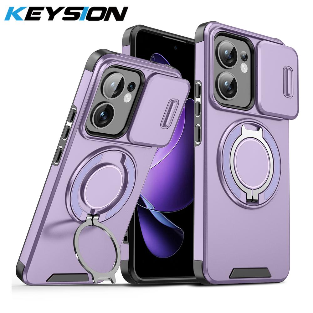 KEYSION 360° Ring Stand Phone Case for OPPO Reno13 Pro 5G Slide Camera Protection Magnetic Shockproof Cover for OPPO Reno13 F 5G