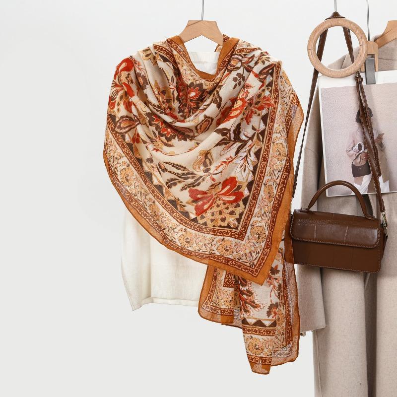 Ladies Spring and Autumn Print Long Scarf Retro Cotton and Linen Large Size Scarf Sunscreen Shawl Hot Sale