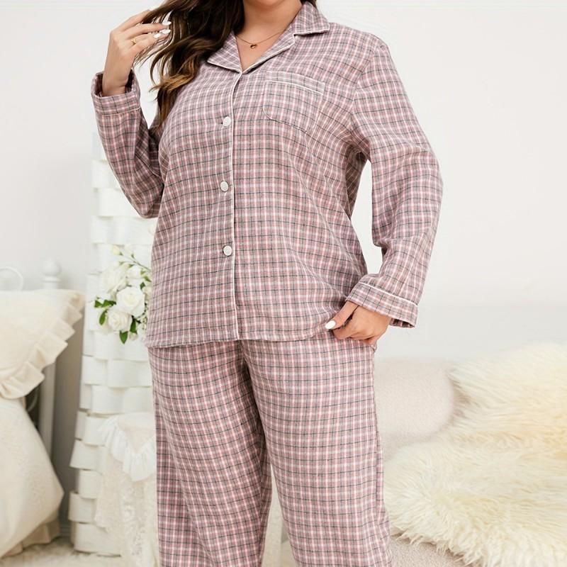 Womens Oversized Plaid Pajama Set Long Sleeve Loose Fit Cotton Sleepwear Home Casual Wear