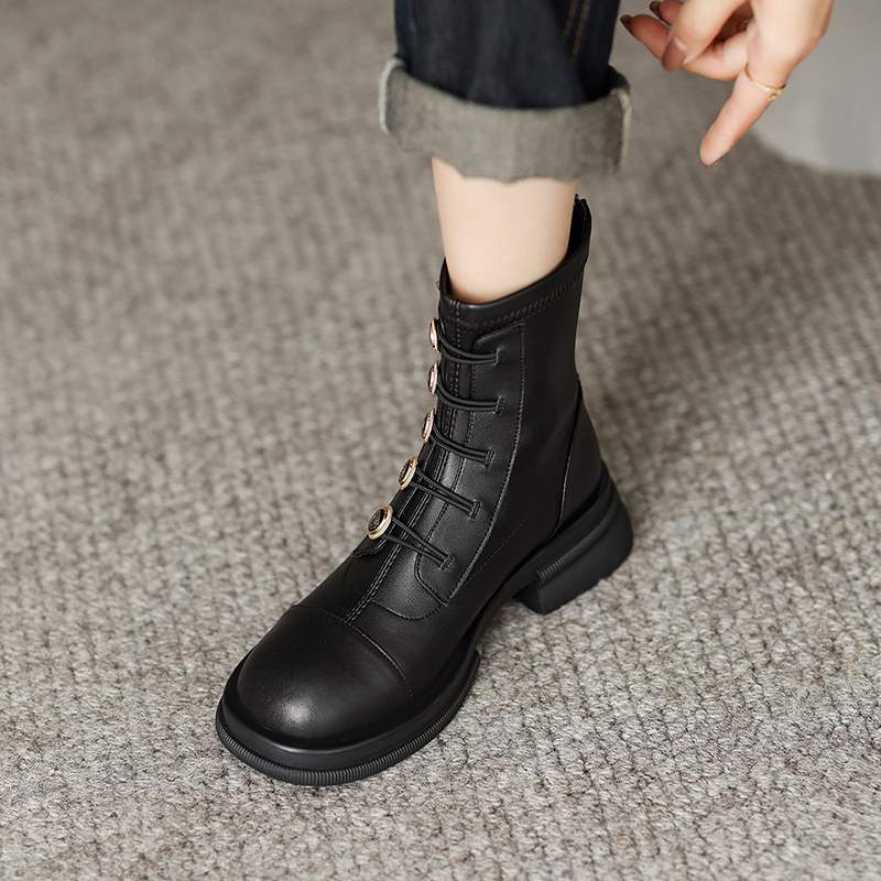 Krazing Pot Podzimní zimní boty z hovězí kůže s kulatou špičkou Kovové zapínání Silný střední podpatek Zip Chelsea Boots Dámské kotníkové boty