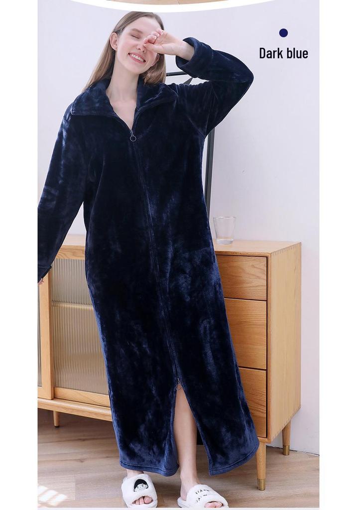 Women's Plus Size Long Nightgown - Double Zipper, Autumn/Winter Pajamas, Home Wear Robe