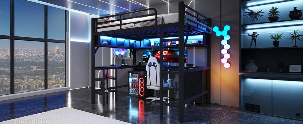 Metall-Hochbett für Gaming (140 x 200 cm) mit Bücherregal, Schreibtisch, Schrank, USB- und LED-Beleuchtung, schwarz