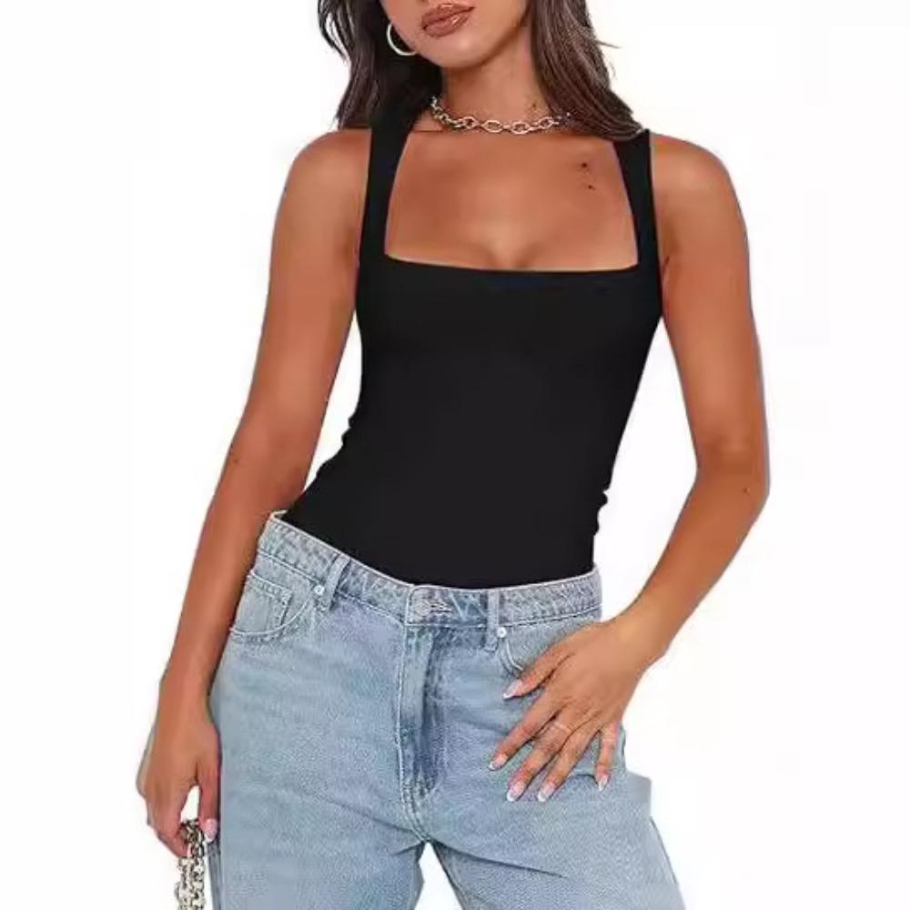 WTEMPO Body de bază sexy fără mâneci cu gât pătrat și dublură pentru femei, maiouri tip tank, body-uri