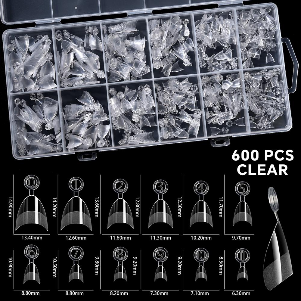 600Pcs/Boxed Half Cover Almond Nail Tips Half Matte Nail Extension Soft Gel Half Cover False Nails with Handle 12 Sizes Nail DIY
