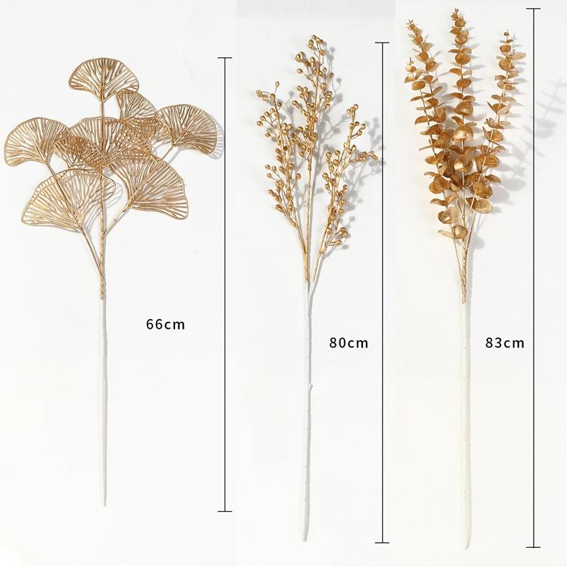 Three-pronged Fan Leaf Netting Artificial Gold Ginkgo Eucalyptus Holly for Wedding Arch Flower Arrangement Home Decor Crafts