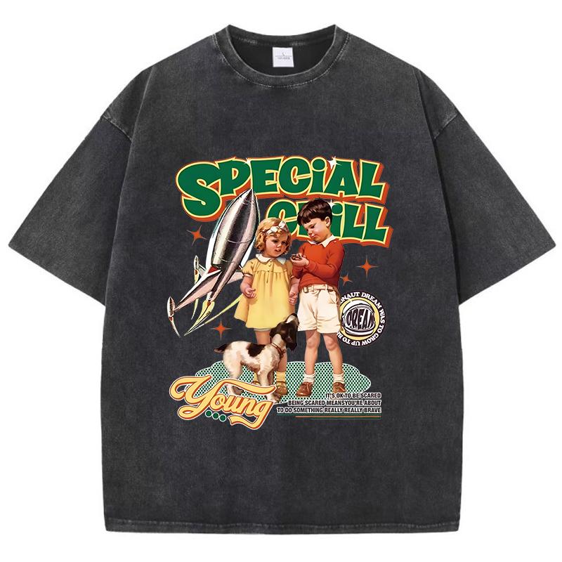 T-shirts Femininas Estonadas Estampas de Quadrinhos Retrô Americanos Tees Distressed Oversize Algodão Manga Curta Tendência Roupas Femininas