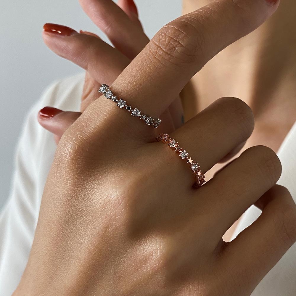 

Korean Simple Pentagram Zircon Ring, Open Star Design, Fresh Copper Finish