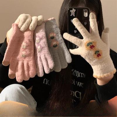 Knitted Five Finger Gloves for Women In Winter  Warm and Velvet Thickened  Student Anti Cold and Freezing Cycling Gloves