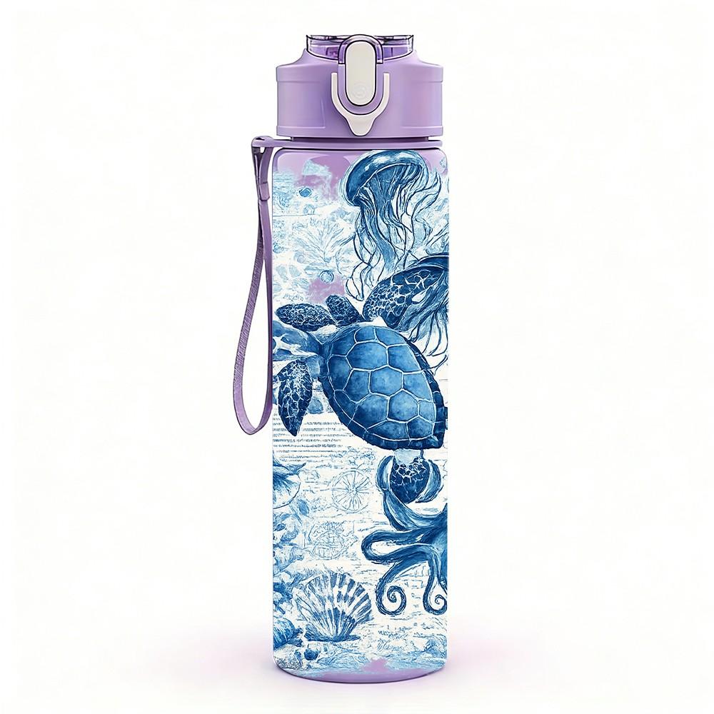 1PC Blue Tone Mermaid Ocean Theme Print 750ml Color Plastic Sports Water Bottle Leakproof Flip Straw Lid Suitable for Sports Office Home Use