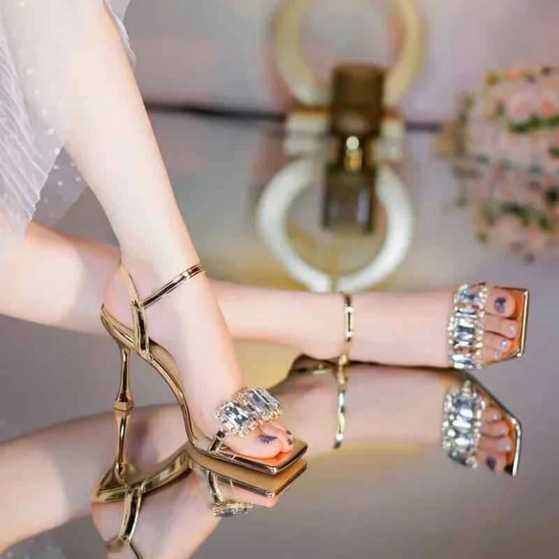 Fashion Gold Silver High Heels Sandals Women 2025 Summer Square Toe Shiny Crystal Sandals Woman Ankle Straps Thin Heel Party Pumps Shoes