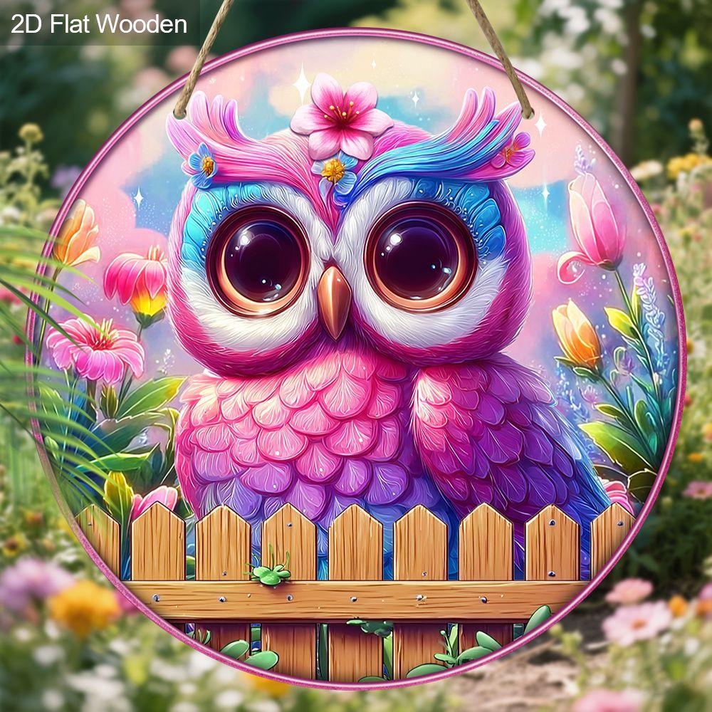 2D flat wooden hanging decorative signs, home wall or door decoration, garden decoration, the pattern is a purple owl, housewarming gift for friends