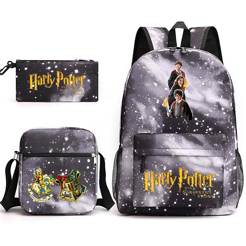 Large Capacity Schoolbag with Shoulder Strap; Student Three-piece Pencil Case Set