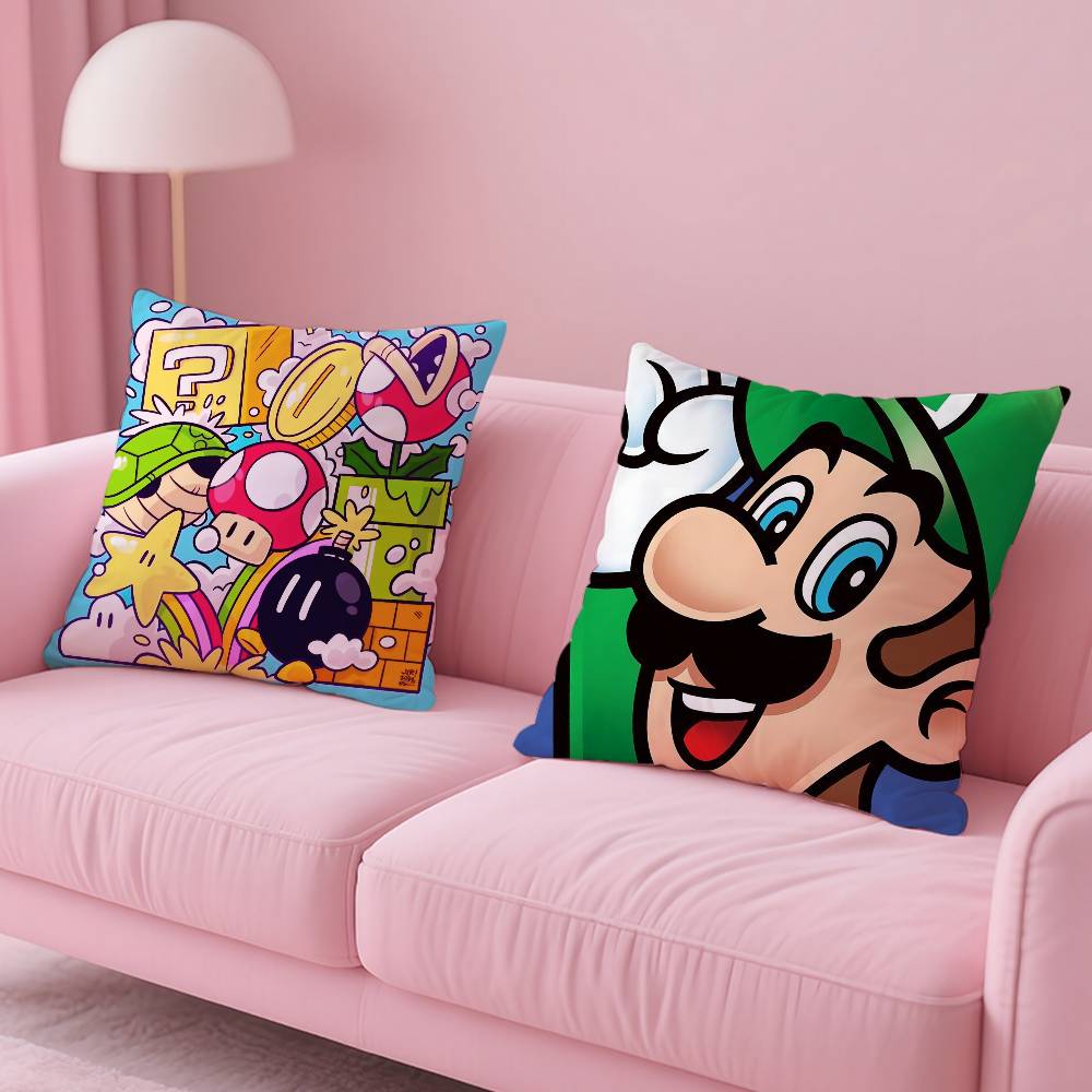 Super Cute Style M-Mario Game Pillow Case Anti-dustmite Pillowcase Invisible Zipper Silky Short Plush Sofa Cushion Cover
