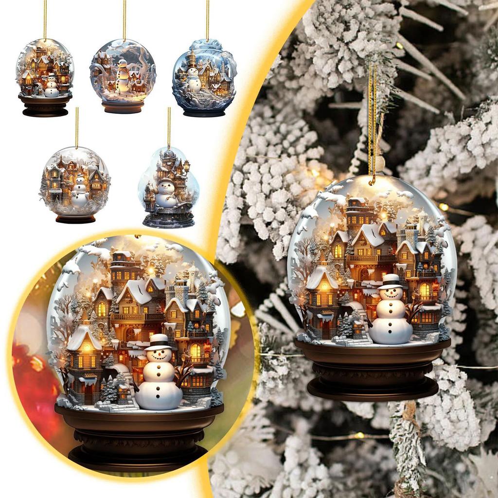 2D Flat Mini Christmas Glass Ball Ornaments Acrylic Xmas Snowman Snowflake Imitation Glass Ball Pendant Xmas Tree Car Pendant