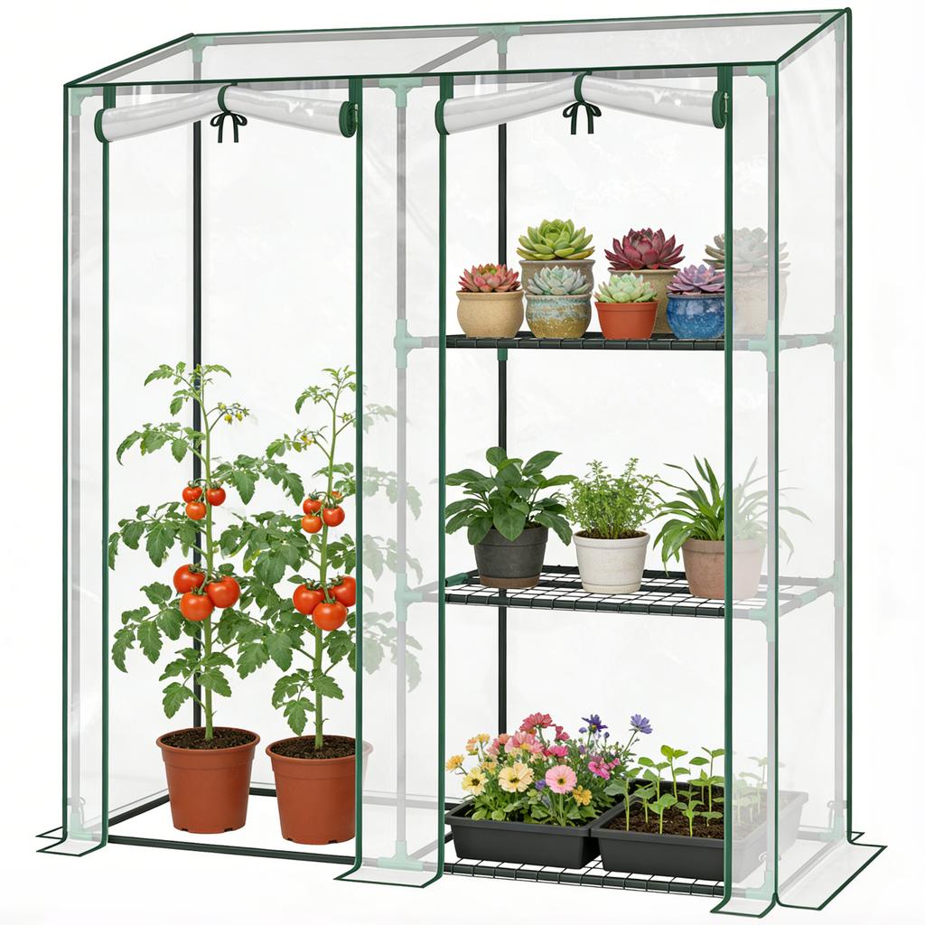 Garden Greenhouse, 3-Tier Shelves, PVC Tarpaulin, Steel Frame, 2 Rolling Doors, Transparent